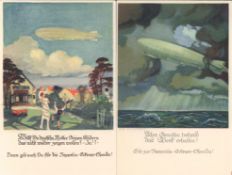 8 Zeppelin-Eckener Fund postcards 1925. All watercolour painting style colour picture cards of