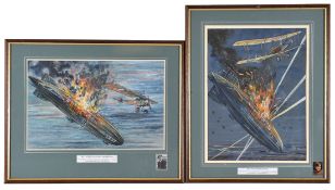 A pair of Watercolours celebrating the destruction of the first two Rigid Airships by British