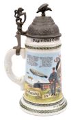 A good quality original German beer stein. With hinged pewter lid with eagle atop with lion and