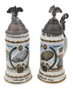 A pair of matching good quality large German beer steins. “In memory of my term of service” Ornate