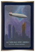 Modern Picture inspired by a 1936 Deutsche Zeppelin-Reederei travel poster. Painted on hardboard,