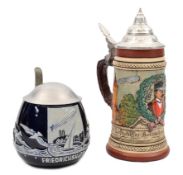 2 good quality German beer steins. A unusual small dumpy ½ litre bier stein, with a plain alloy