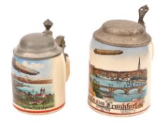 2 small German beer steins. One 9cm to top of pewter hinged lid finial and the other 11.5cm to top