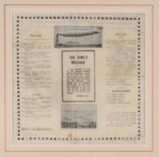 Another framed and mounted silk handkerchief. Upon which is printed ‘The King’s Message’. Mounted,