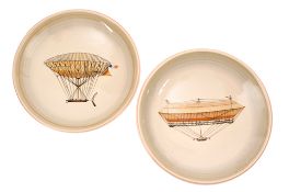 Collection of 6 Jersey Pottery Bowls depicting early Airships. Each shallow dish bowl is 31cm in