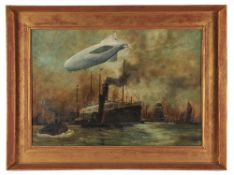 Oil on canvas showing an Imperial German Navy Rigid Airship over a busy harbour scene. Framed (