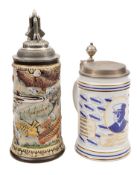 2 good quality German beer steins. One with hinged pewter top with space shuttle finial, multi