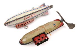 2 tinplate clockwork airships. Both American examples, one being the ‘Hopewell Flyer’ 21cm in dark