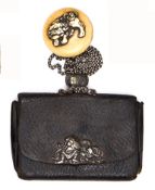 A Japanese black leather tobacco purse, 2 compartments, silver seated samuri warrior and dragon