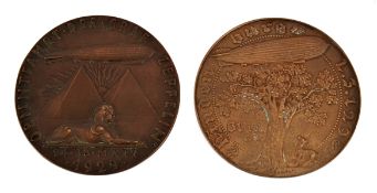 2 large German Zeppelin medallions. 10.9cm in bronze for 1st flight of Hindenburg to South