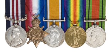 Five: Military Medal, George V first type (1595 L Cpl W M Marchant 7th The Queen’s R), 1914-15 star,
