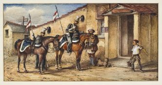A watercolour of the 17th Lancers by R R Scanlon (1832-1876) dated 1850,2 troopers taking