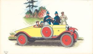Another watercolour painting by Connolly. A 1921 Riley boat-tail speedster with driver and