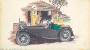 A watercolour painting by Connolly. A 1949 MG TC stopped at a country petrol station with the pump