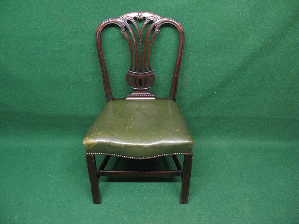 A single mahogany dining chair having pierced splat back and leather padded seat with square moulded