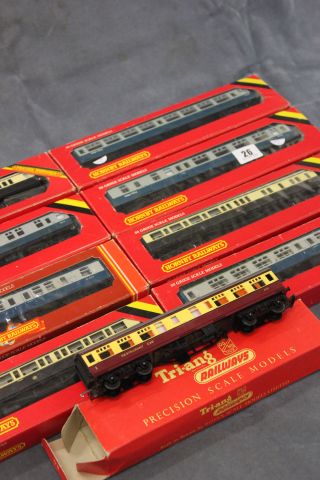 Eight boxed Hornby OO Gauge Coaches including R454 GWR Restaurant Car, R430 GWR Coach 57` Brake 3rd,