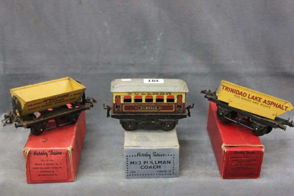 Boxed Hornby O Gauge No.1 Side Tipping Wagon, a boxed Hornby R178 Wagon with Sheet Rail and a