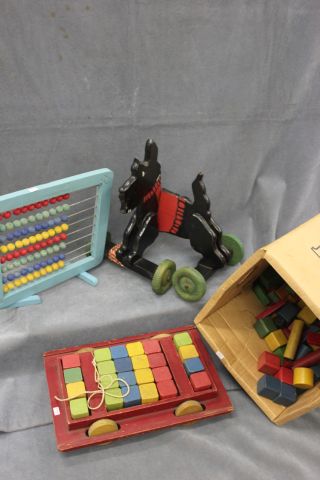 Group of small childs toys including wooden Scottie Dog push along, Amersham Toys Abacus and
