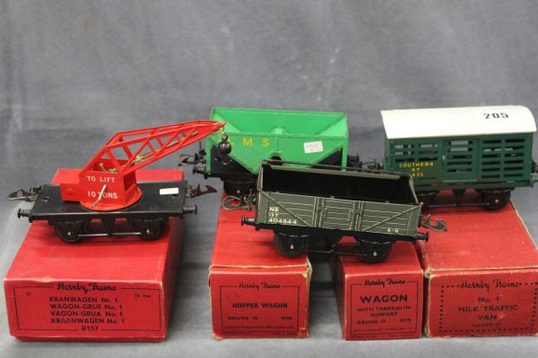 4 Boxed Hornby O Gauge Wagons including No.1 Crane Truck, No.1 Milk Traffic Van, Hopper Wagon and