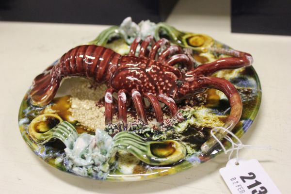 A Majolica Plate with Releif Lobster and Shells