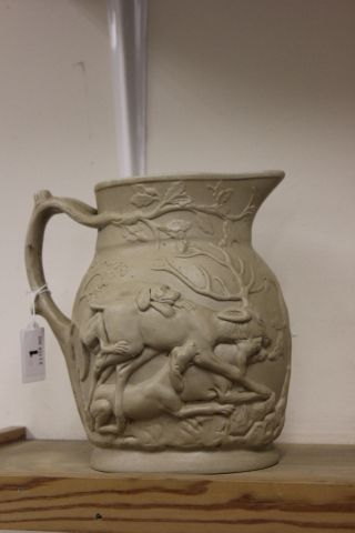 A Stoneware Jug decorated with Wild Boar Hunting Scene with Dogs