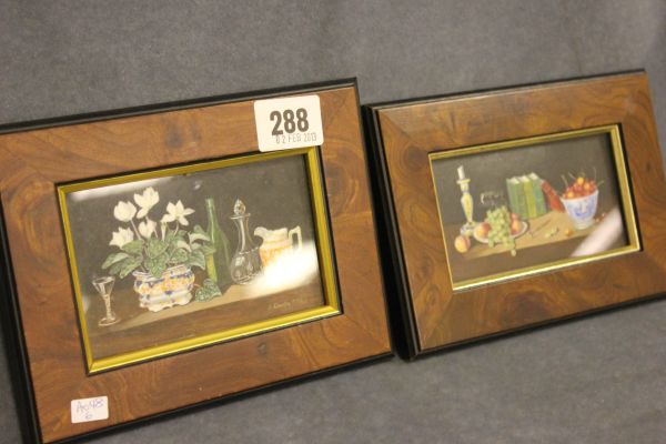 An Enid Clarke R.M.S Pair of Miniature Oils of Still Life Table Settings, framed and glazed,