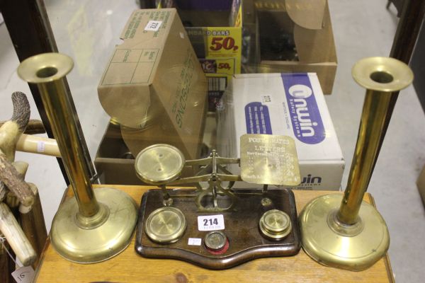 A Set of Post Office Scales and a Pair of Brass Candlesticks