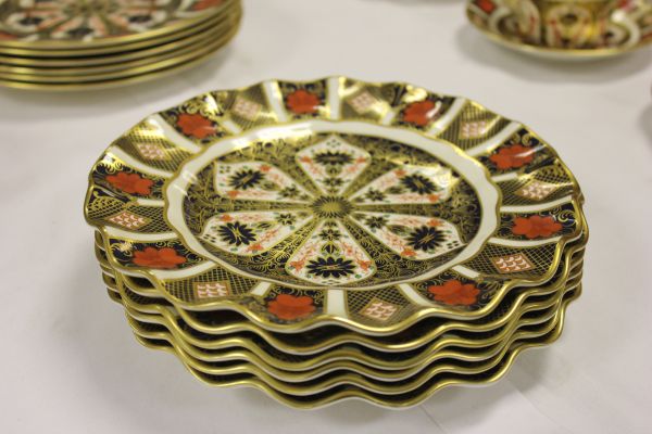 Six Royal Crown Derby `Old Imari` Fluted Rim Plates