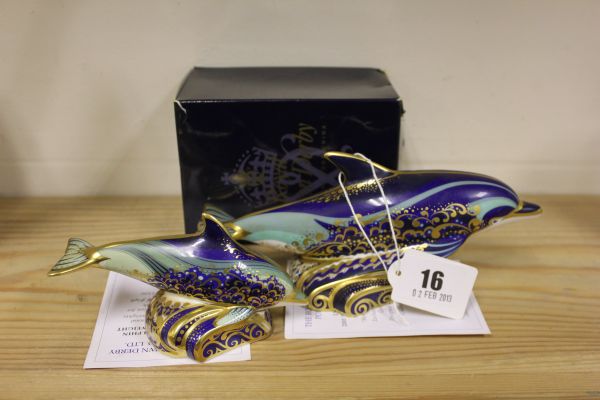 Two Royal Crown Derby Paperweights,Mum and Baby Lyme Bay Dolphins Limited Editions, both with