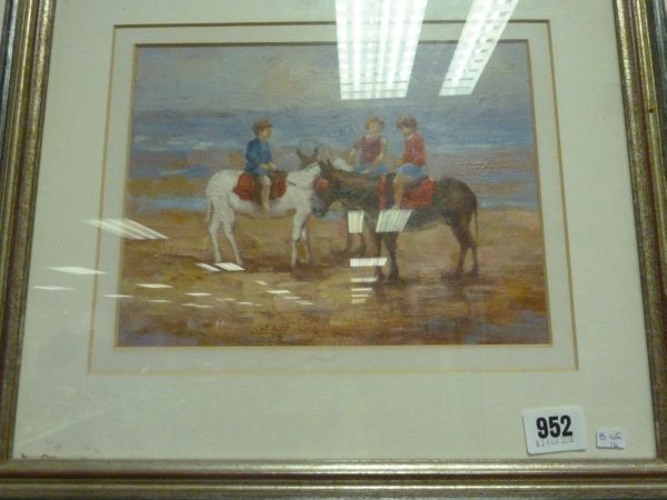 An Oil on Board, Children with Donkeys on a Beach