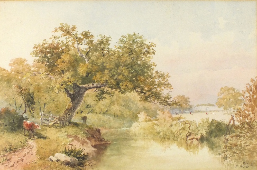 F * B - - - - ? 19th C. Westcountry School Watercolour `River Plym` - cattle in water meadows Signed