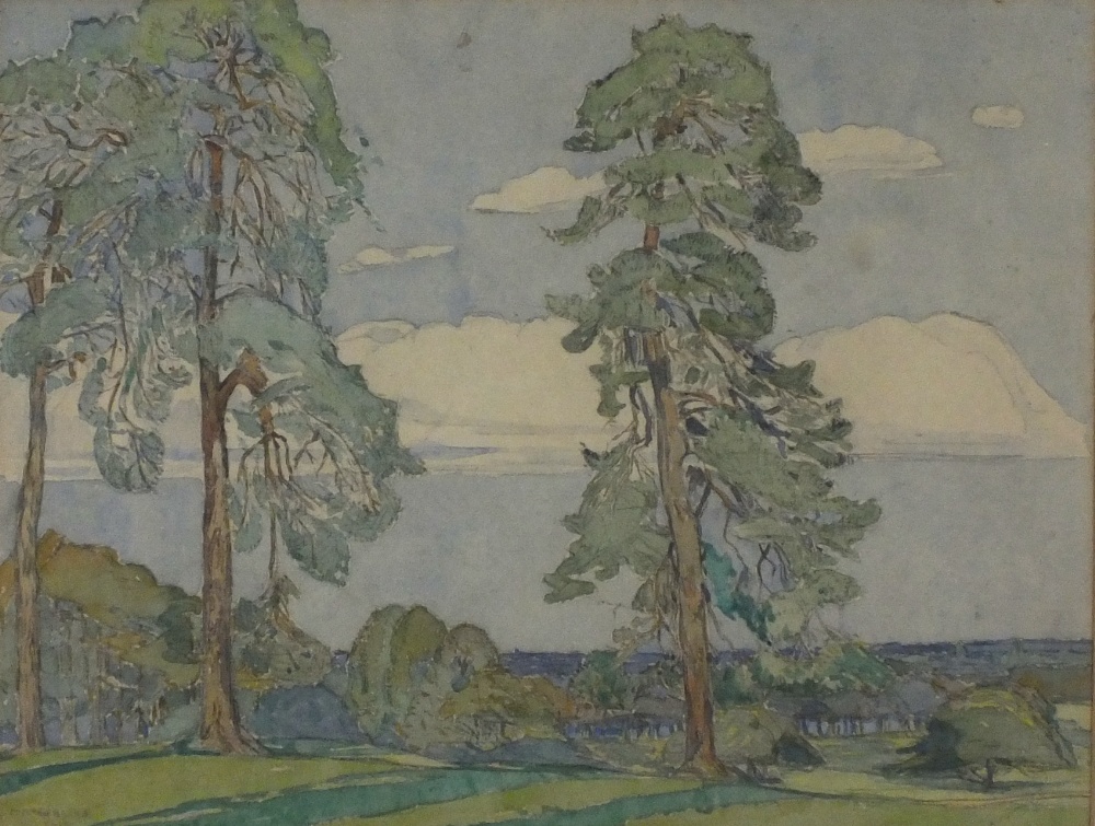 Mary MCCROSSAN (1863-1934) Watercolour Pine trees in a garden landscape above the bay Signed and