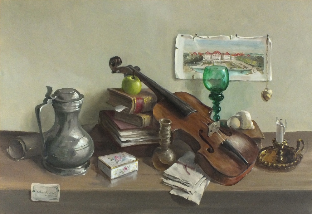 * Deborah JONES (1921-2012) Oil on canvas Still life - objects on a dresser top including violin,