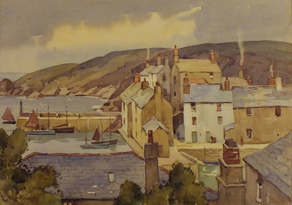 Lewis (or Louis) MORTIMER (Exhibited 1900-1930) Watercolour Polperro Harbour Signed 9.5" x 13.5" (