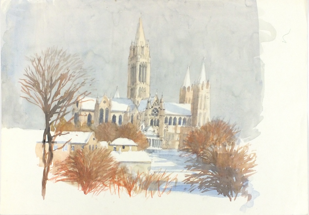 * John MILLER (1931-2002) Watercolour. Truro Cathedral in the snow Unframed 15" x 18" (38cm x 45.