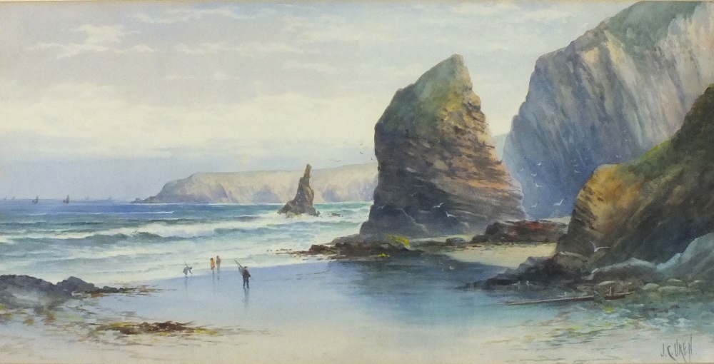 John Clarkson UREN (1845 -1932) Watercolour `Bedruthan Steps` Signed 9.5" x 19" (23.5cm x 48.3cm)