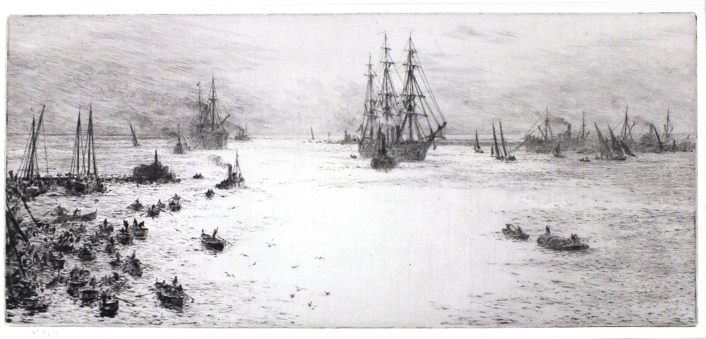 William Lionel WYLLIE (1851 - 1931) Black and white etching HMS Victory towed into Portsmouth