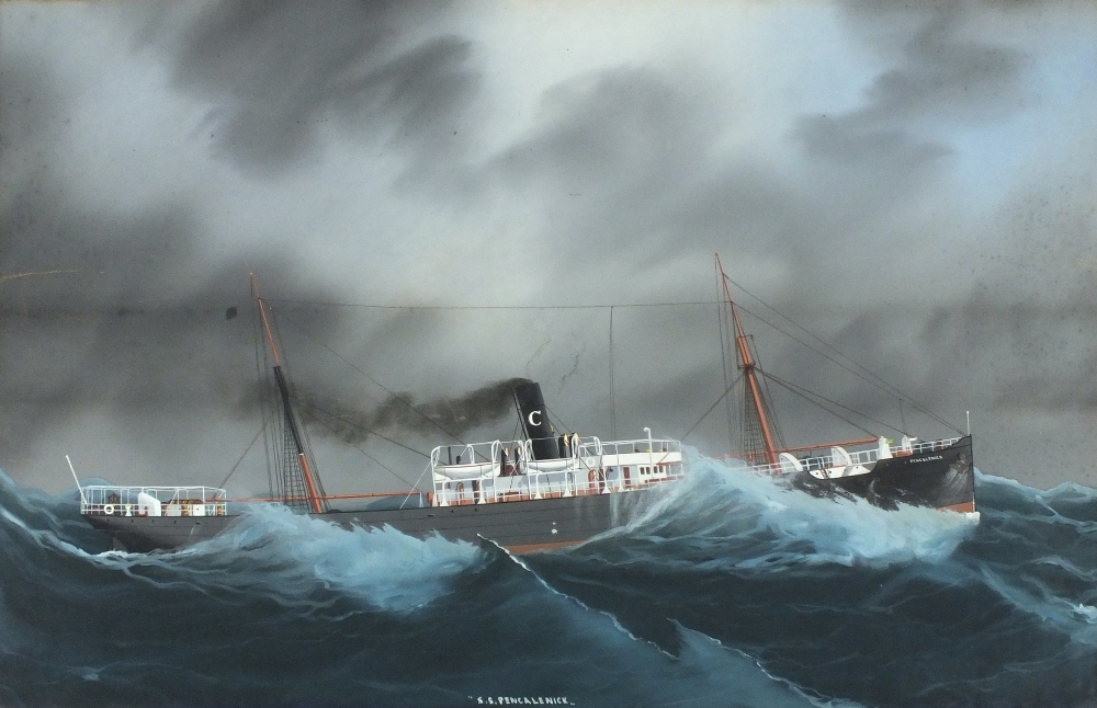 Ship Portrait Gouache Screw steamship SS `Pencalenick`; Registered in Falmouth in 1890 in the