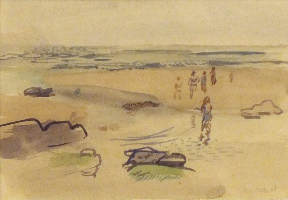 * Charles HOWARD (1922-2007) Watercolour Sennen at Low Tide - figures Signed 5.5" x 8" (14cm x 20.