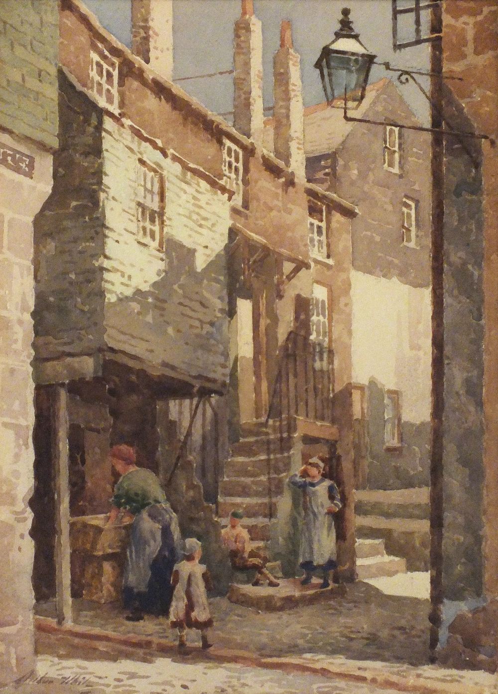 * Arthur WHITE (1865-1953) Watercolour `Washday` - figures before cottages St Ives Signed 14" x