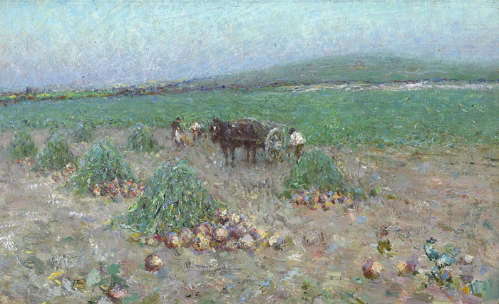 Nathaniel Hill RHA (1860-1930) TURNIP GATHERING, c.1889 oil on board with partial original inscribed