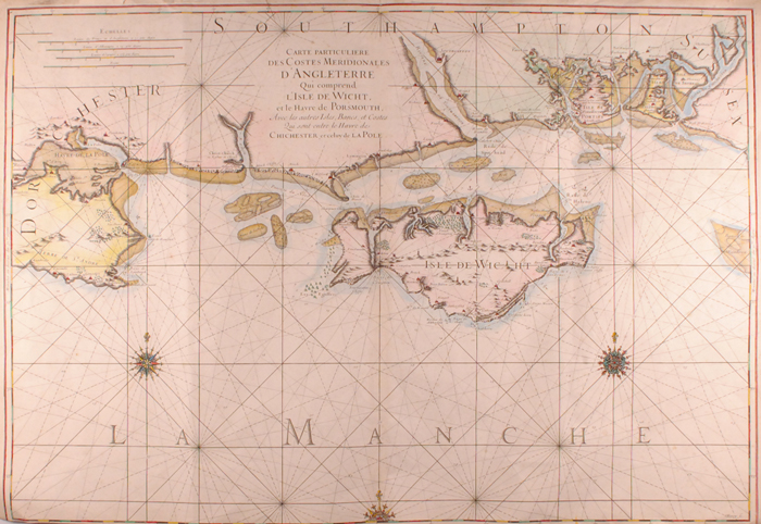 Circa 1700. Isle of Wight, Poole & Portsmouth Harbours hand coloured map by Berey. Carte