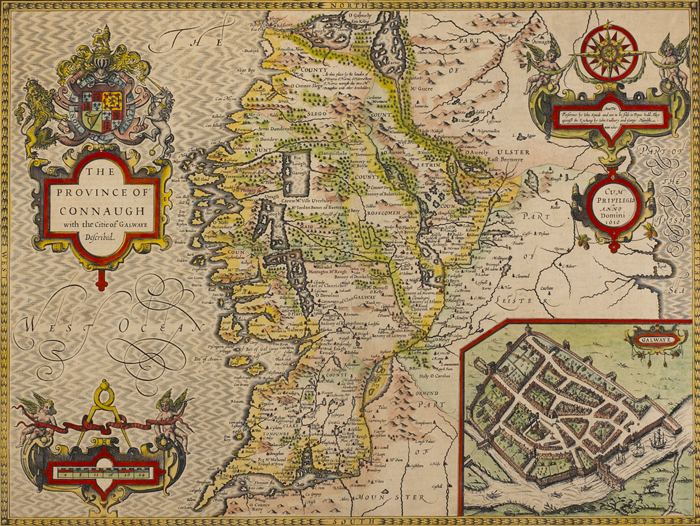 circa 1610: John Speed map of the province of Connaught Intaglio, handcoloured, framed. Attractive