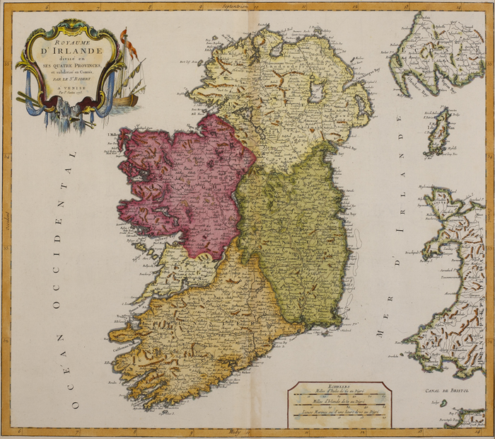 1778: Ireland Royaume D`Irlande" map by Francois Santini" Intaglio, handcoloured, framed. Venice