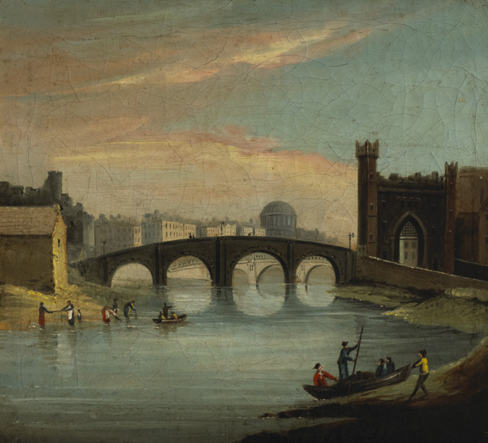 Irish School, early 19th Century VIEW OF DUBLIN ALONG THE LIFFEY FROM VICTORIA QUAY, DEPICTING THE W