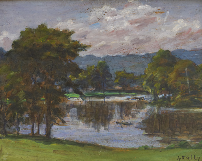 Aloysius C. O’Kelly (1853-1936)RIVER AND TREESoil on boardsigned lower rightLandscaPortraite10 by