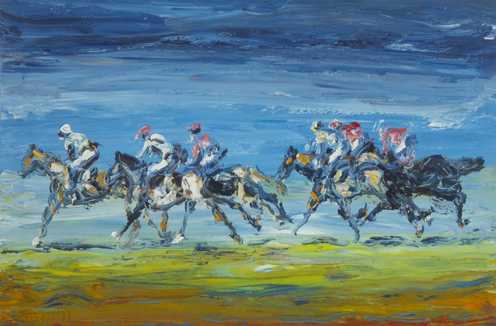 Liam O’Neill (b.1954)RACING IN LAYTOWN, COUNTY MEATHoil on canvassigned lower leftLandscaPortraite20