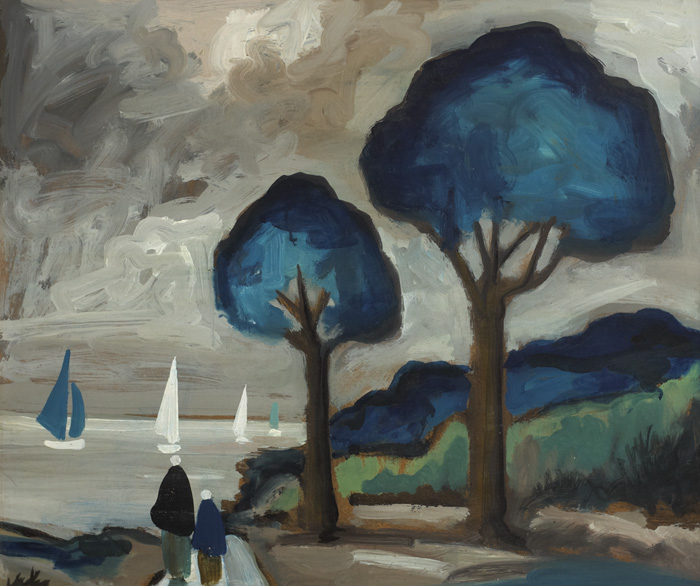 Markey Robinson (1918-1999)TWO BLUE TREES, SHAWLIES AND SAILBOATSoil on boardsigned lower