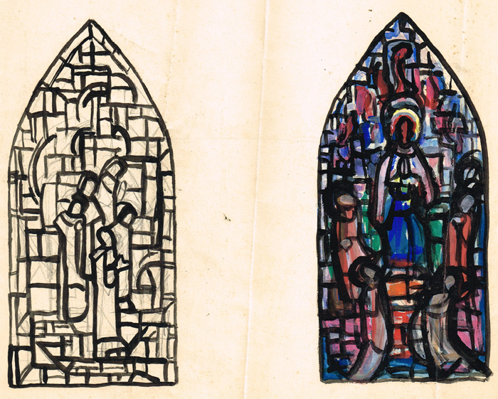 Evie Hone HRHA (1894-1955)TWO DESIGNS FOR STAINED GLASS WINDOWSgouache; (pentagonal)Portrait13.5