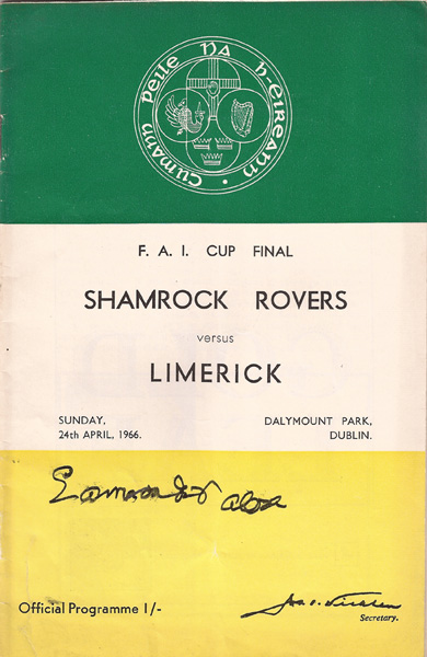 "Soccer 1966 FAI Cup Final (24 April) Shamrock Rovers v Limerick programme signed by de Valera"8.5